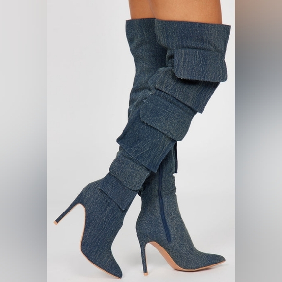 Azalea Wang Shoes - True denim  "Cascading Denim" Elegant Denim Over the Knee Boots (NEW)